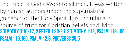 The Bible is God’s Word to all men. It was written by human authors under the supernatural guidance of the Holy Spirit. It is the ultimate source of truth for Christian beliefs and living. 2 TIMOTHY 3:16-17, 2 PETER 1:20-21, 2 TIMOTHY 1:13, PSALM 119:105, PSALM 119:160, PSALM 12:6, PROVERBS 30:5